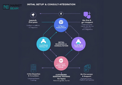 MarketBeam onboarding process map illustrating four key steps: initial setup and consultation, training and user onboarding, go-live and support, and continuous improvement and updates.