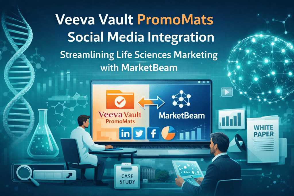Veeva Vault PromoMats social media integration for life sciences marketing powered by MarketBeam