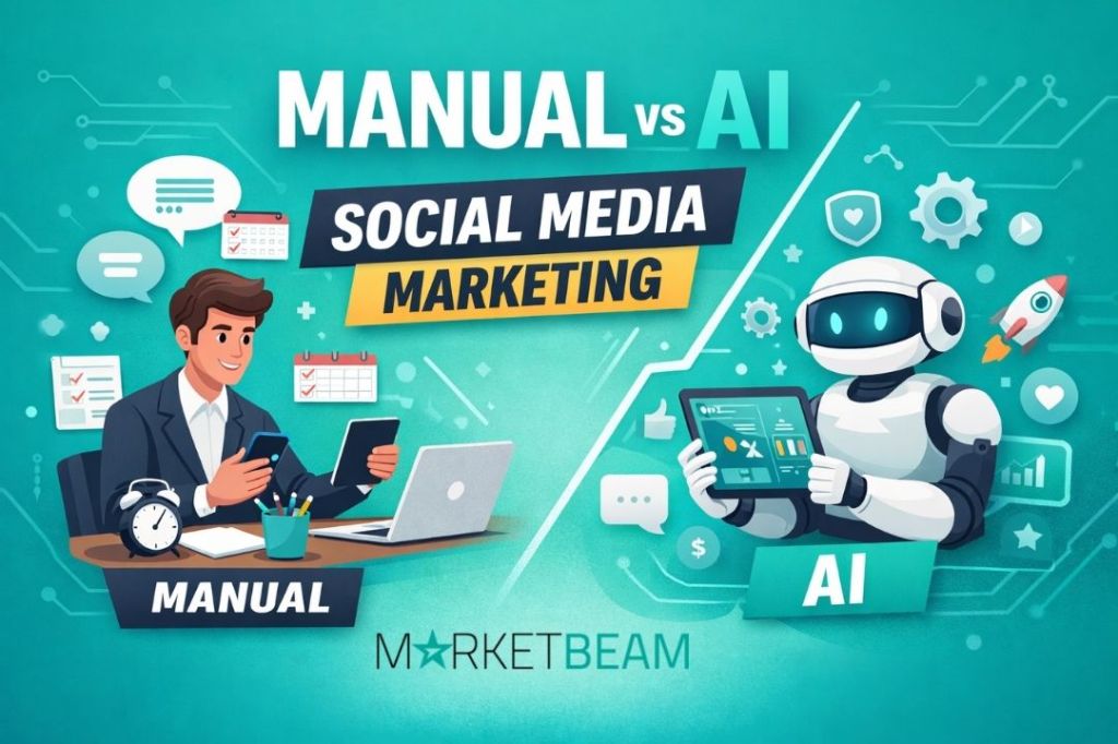 manual vs ai social media marketing comparison with automation and analytics dashboard