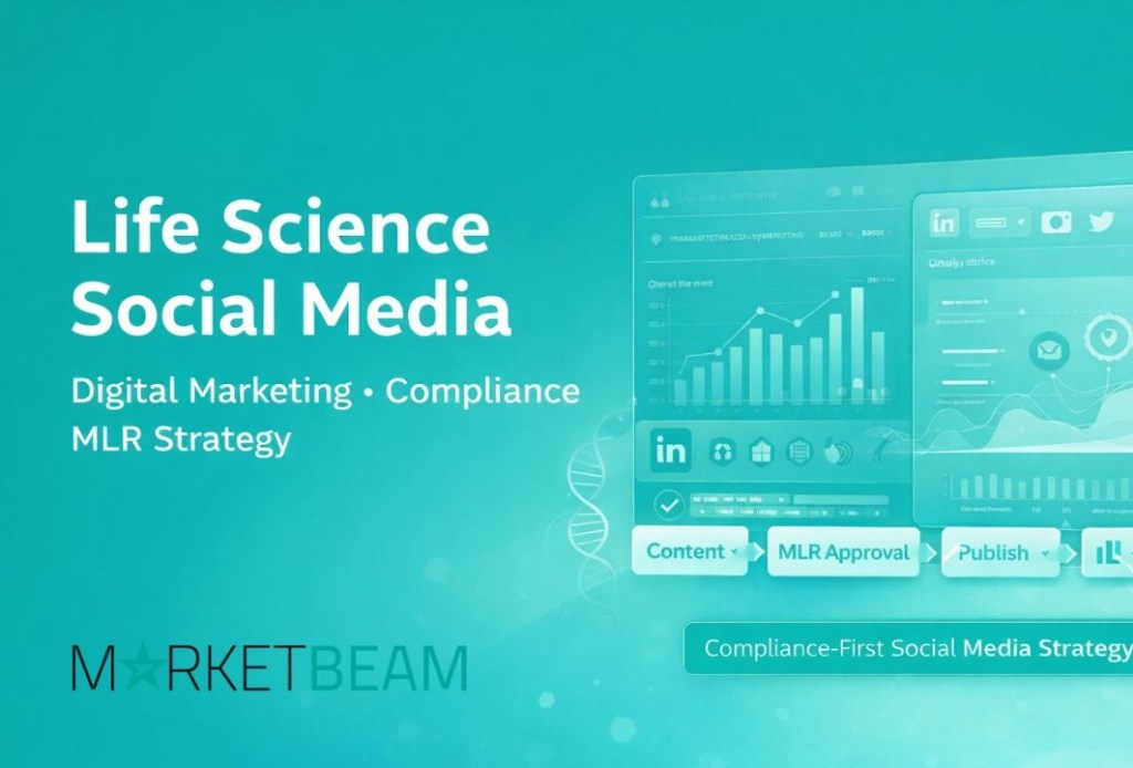 Digital marketing in the pharmaceutical industry showing life science social media strategy, healthcare analytics dashboard, and pharma communication tools