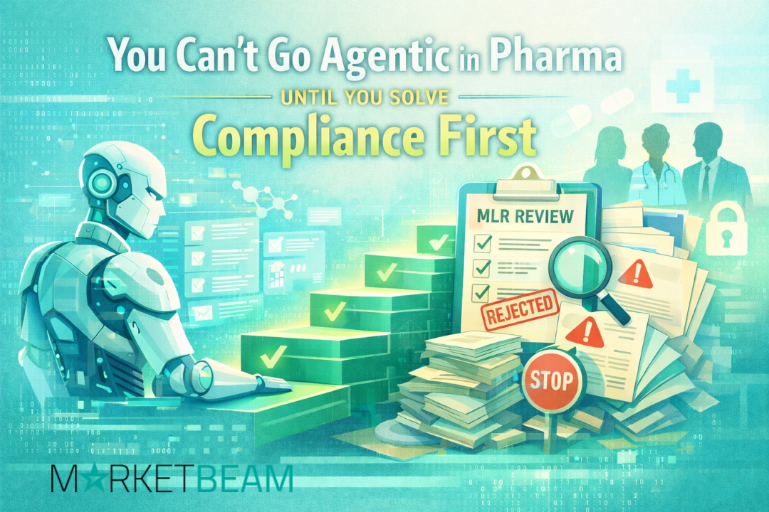 Agentic AI in pharma marketing showing compliance bottleneck with MLR review blocking automation workflow