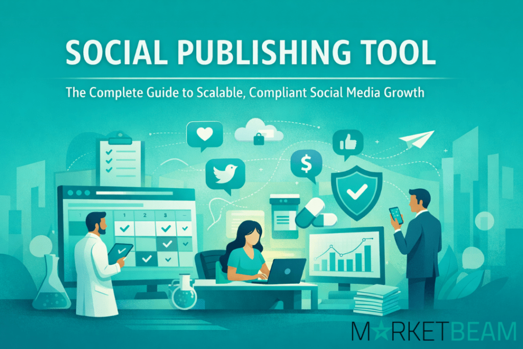 Social publishing tool dashboard for scheduling social media posts with compliance features for healthcare, fintech, and life sciences marketing