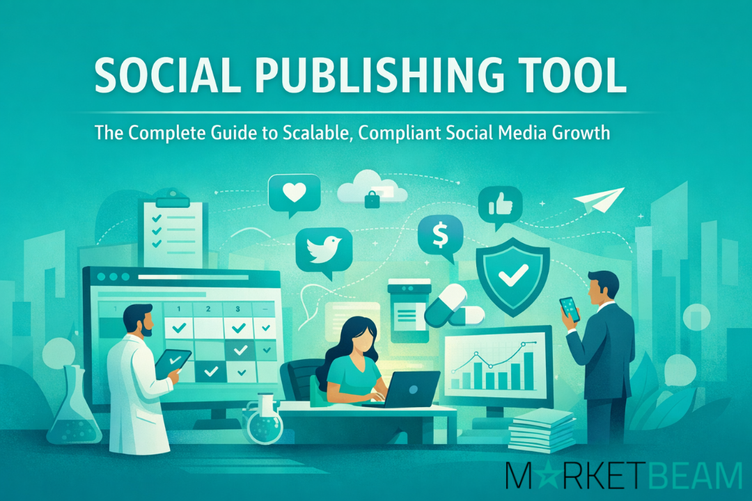 Social publishing tool dashboard for scheduling social media posts with compliance features for healthcare, fintech, and life sciences marketing