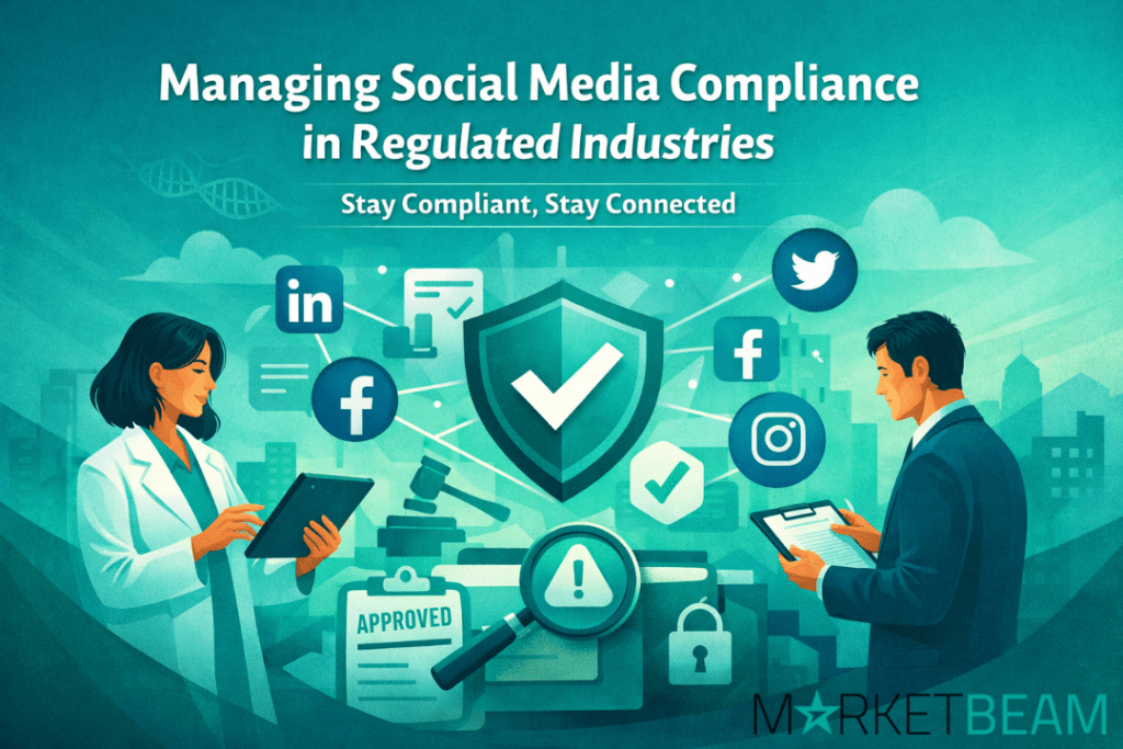 Social media compliance illustration with shield, approval icons, and professionals managing regulated industry content