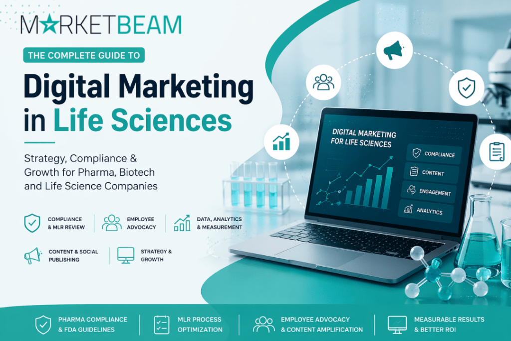 Digital marketing in life sciences showing pharma compliance, biotech strategy, analytics dashboard, and employee advocacy concepts