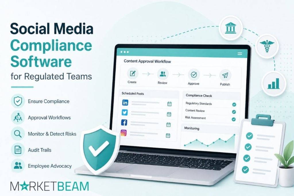 Social media compliance software dashboard showing approval workflow and audit tracking for regulated teams