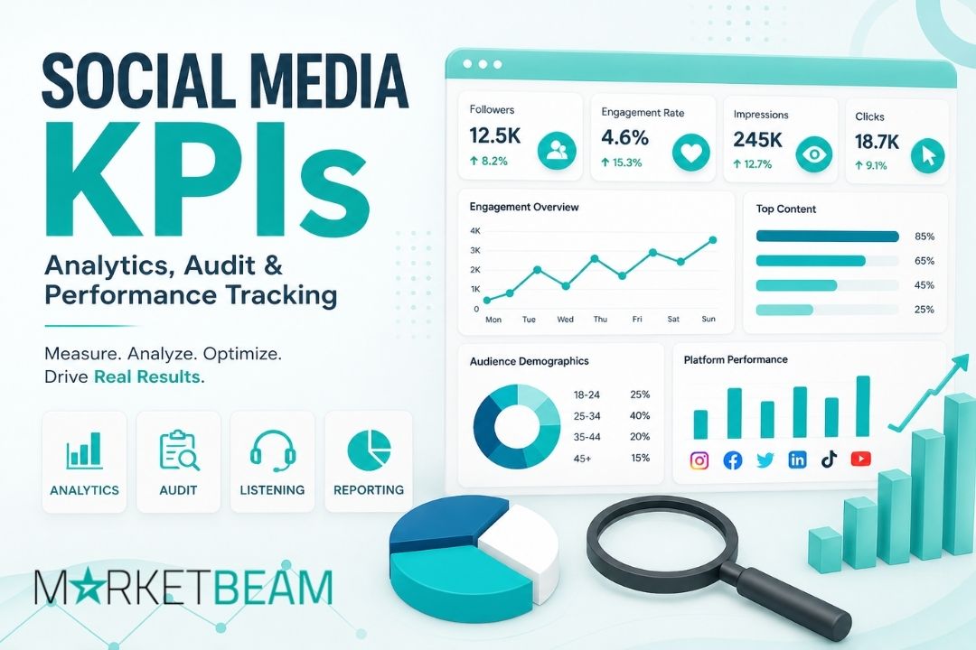 Social media KPIs dashboard illustration showing analytics, engagement rates, impressions, and performance tracking metrics