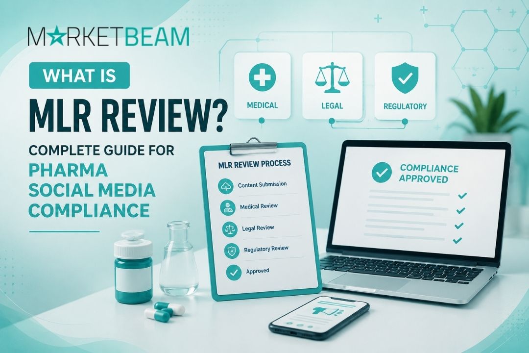Illustration showing the MLR review process for pharma social media compliance with medical, legal, and regulatory approval workflow elements.