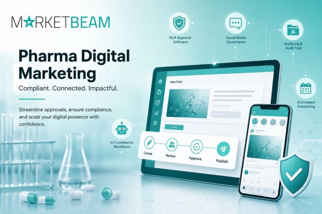Pharma digital marketing dashboard with compliant social media workflows, MLR approval software, AI compliance automation, and social media governance tools for life sciences companies.