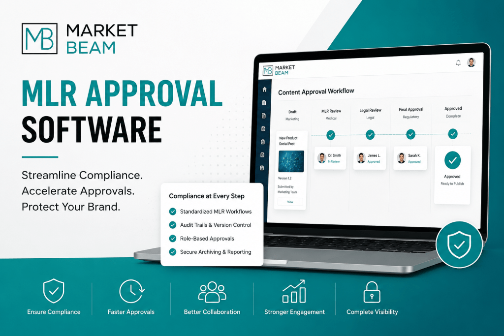 MLR approval software dashboard showing pharma content review workflow, compliance automation, and regulatory approval management.