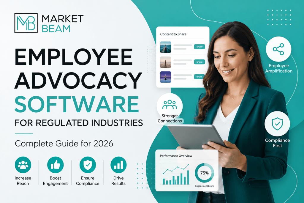 Employee Advocacy Software for Regulated Industries guide featuring MarketBeam platform for compliant employee content sharing, governance, and social media amplification.