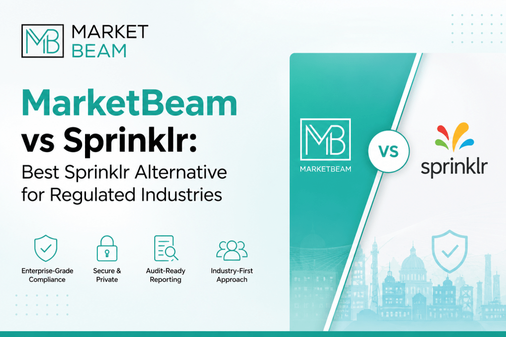 Sprinklr alternatives comparison infographic showing MarketBeam vs Sprinklr for regulated industries, highlighting compliance workflows, MLR review, employee advocacy, social media archiving, and governance features.