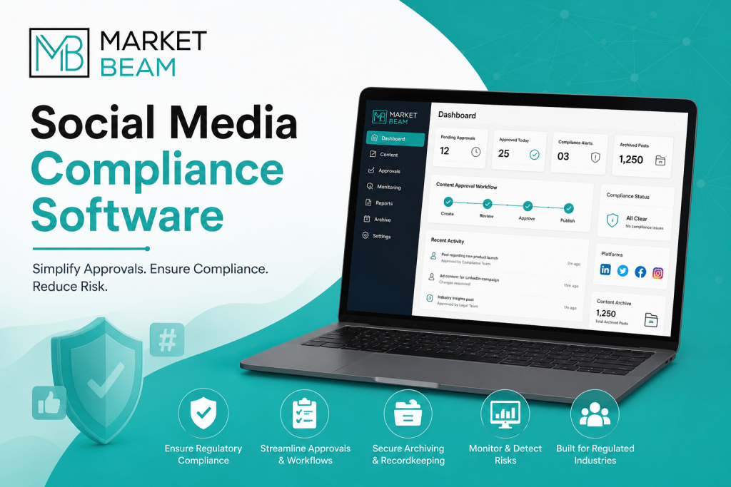 Social media compliance software dashboard showing approval workflows, compliance checks, audit trails, governance controls, and social media publishing for regulated industries.