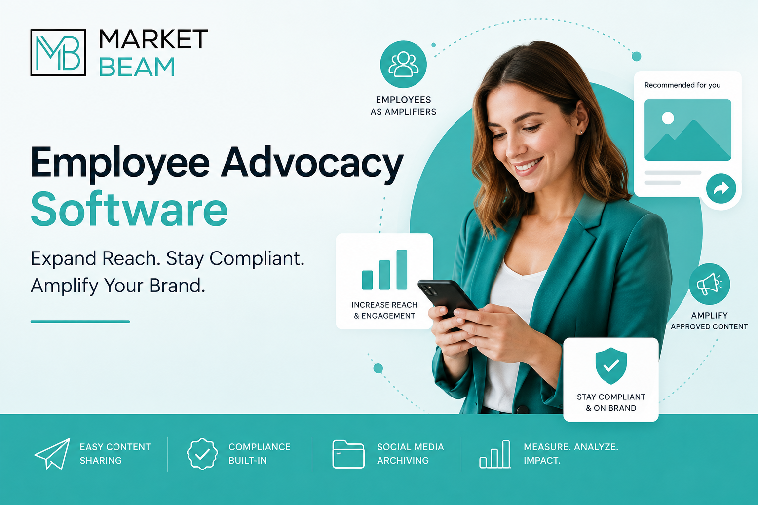 Employee advocacy software illustration showing a professional sharing approved social media content, highlighting brand amplification, compliance management, social media archiving, and employee-driven marketing.