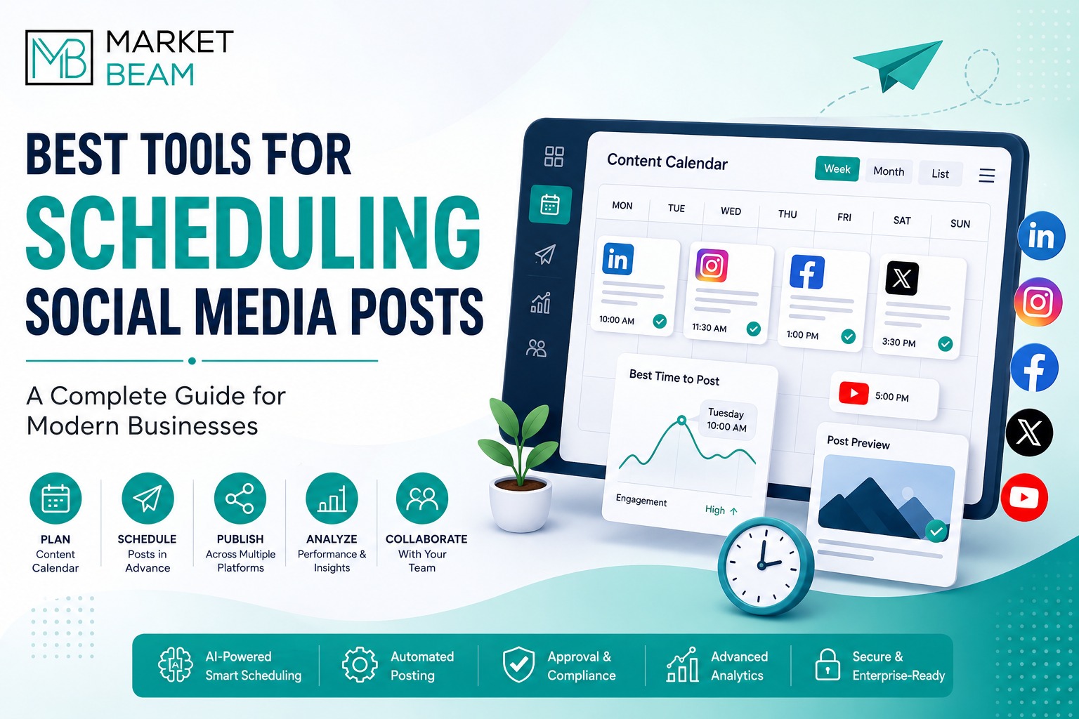Best Tools for Scheduling Social Media Posts feature image highlighting MarketBeam's AI-powered social media scheduling, automated publishing, content calendar, and multi-platform management.