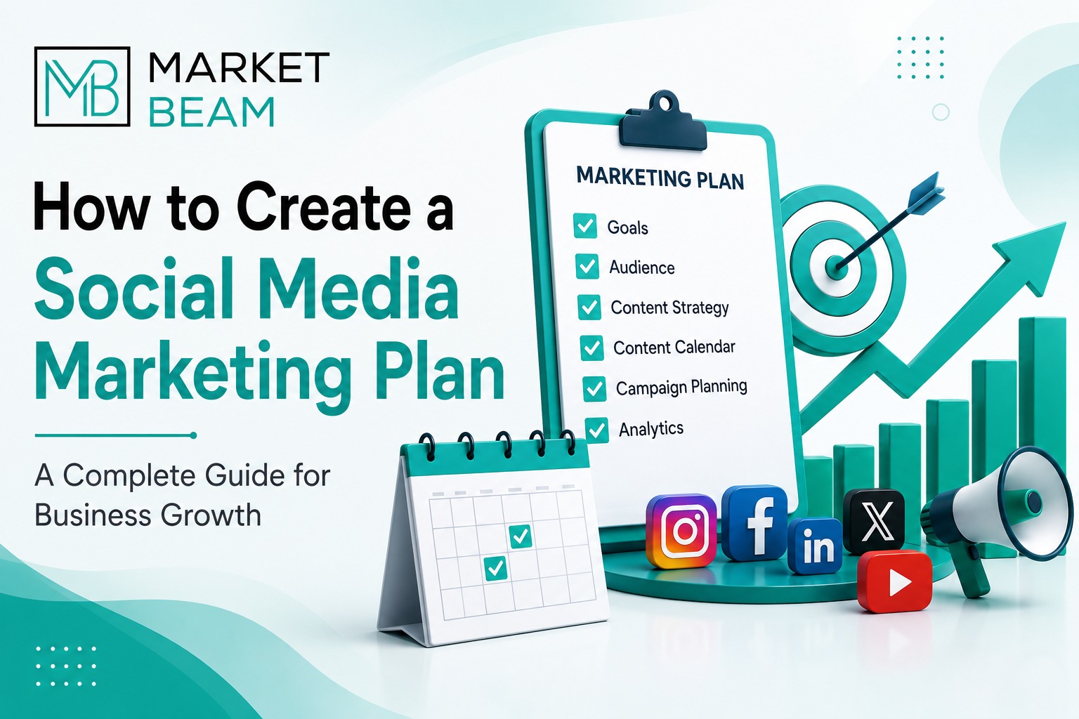 How to Create a Social Media Marketing Plan feature image with MarketBeam logo, marketing strategy checklist, social media icons, content calendar, analytics, and business growth illustration.
