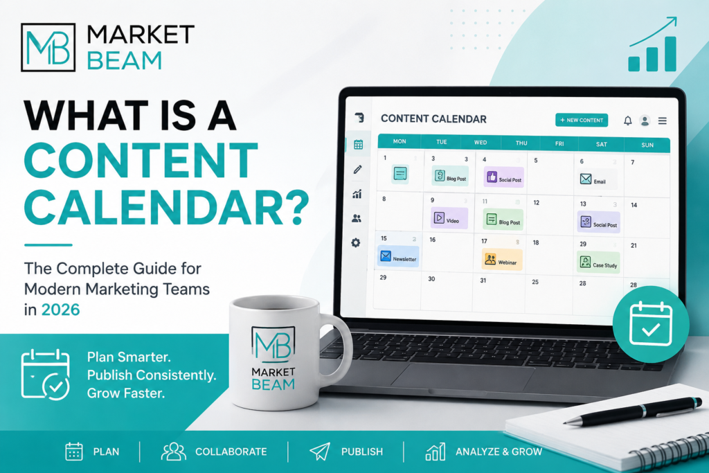 What Is a Content Calendar? Feature image showing a digital marketing content calendar on a laptop with the MarketBeam logo and AI-powered content planning workflow.