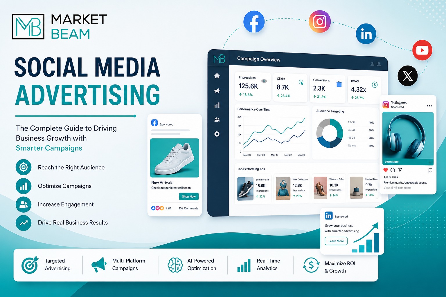 Social Media Advertising feature image showing MarketBeam campaign dashboard, AI-powered analytics, multi-platform social media ads, audience targeting, and marketing performance insights.