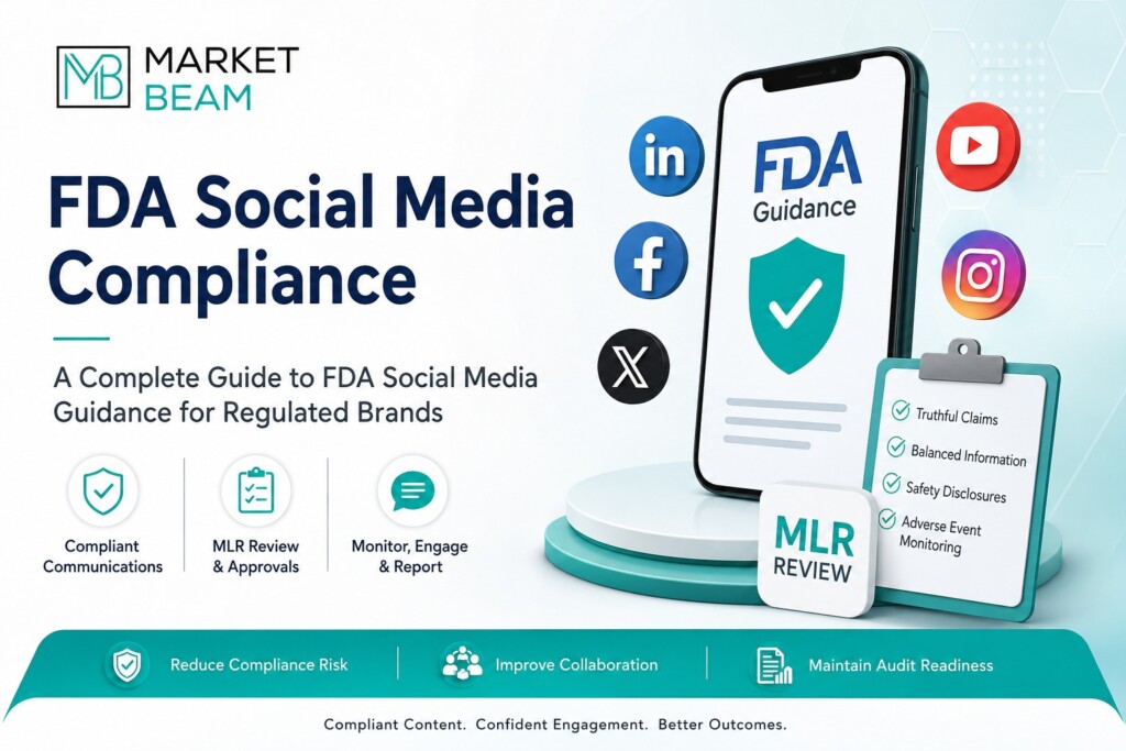MarketBeam feature image illustrating FDA Social Media Compliance with FDA guidance, MLR review, compliant communications, social media monitoring, and enterprise compliance workflow for regulated healthcare and pharmaceutical brands.