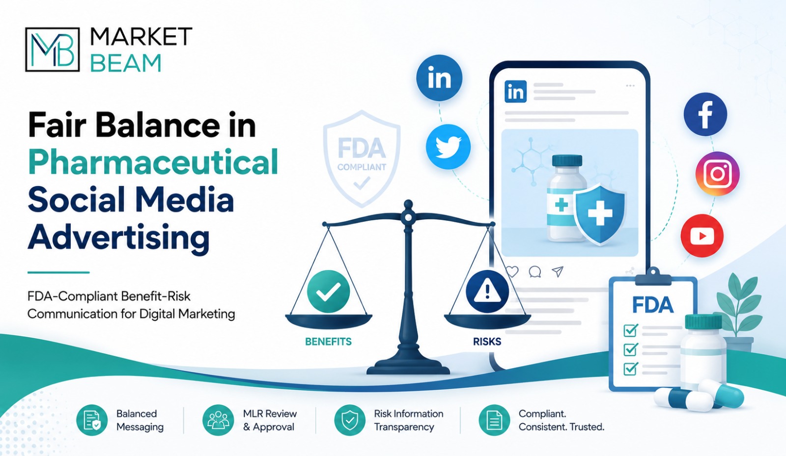 MarketBeam feature image illustrating FDA fair balance in pharmaceutical social media advertising with benefit-risk balance scale, FDA compliance shield, social media icons, and compliant digital marketing visuals.