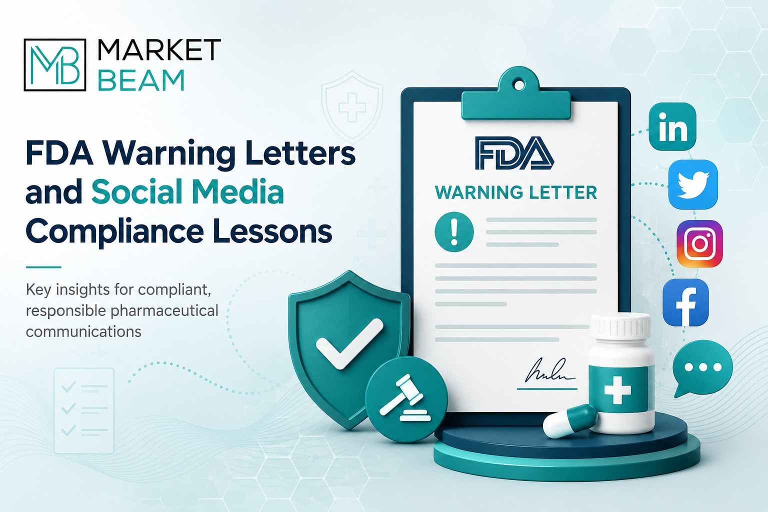 MarketBeam feature image for Pharma Influencer Marketing Compliance Guide showing healthcare social media compliance, influencer disclosure, MLR review, paid partnership, and governance workflow.