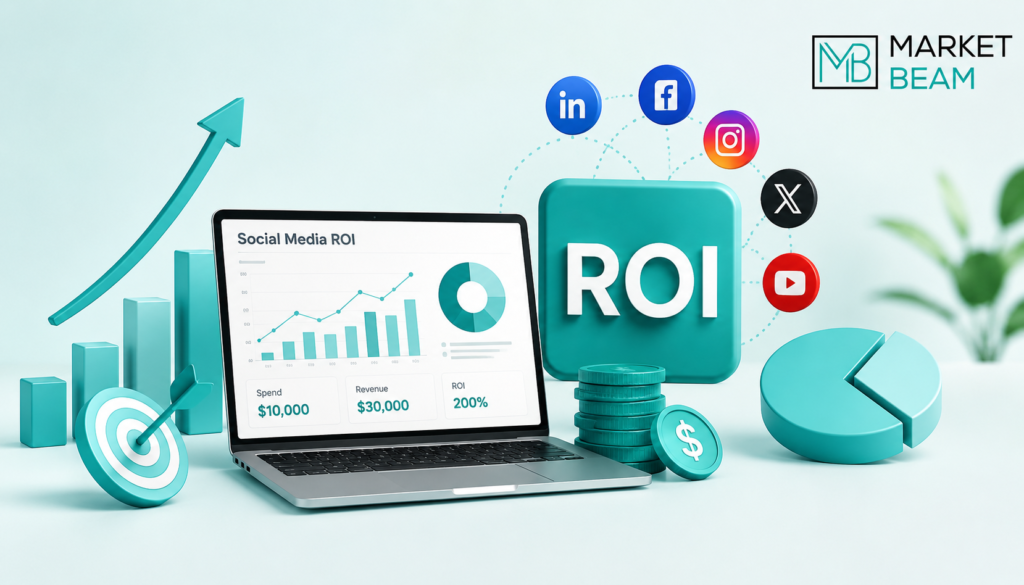 Social media ROI analytics dashboard showing revenue, investment, and performance growth