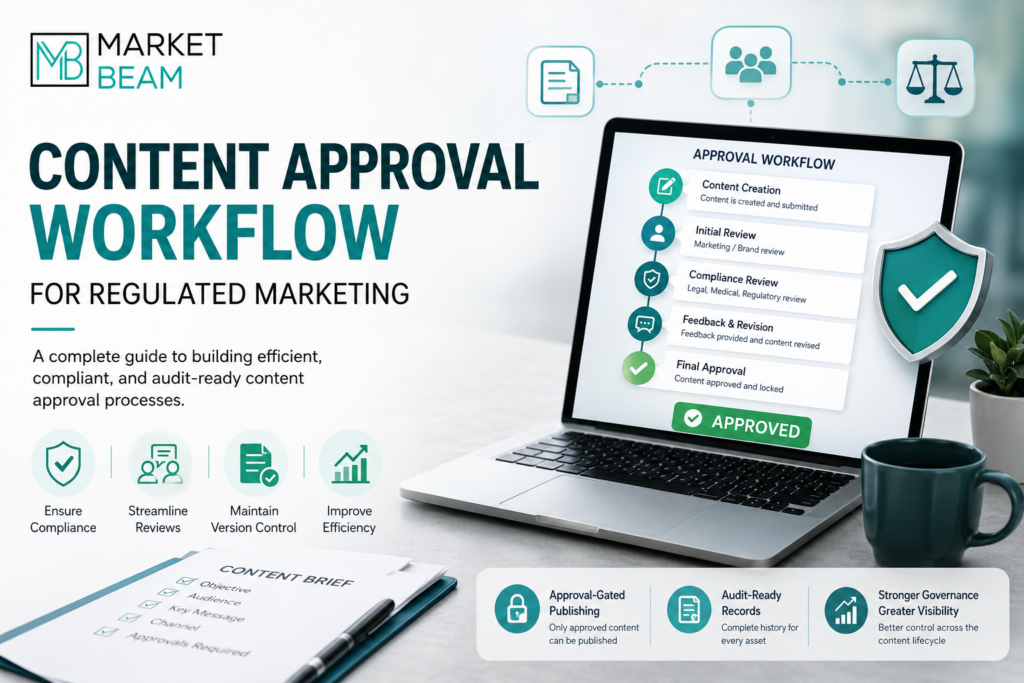 Content approval workflow for regulated marketing showing review, compliance, feedback, version control, and final approval steps on a laptop with MarketBeam branding.