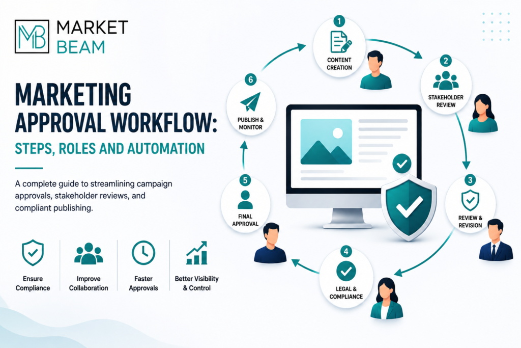 MarketBeam marketing approval workflow infographic showing content creation, stakeholder review, revision, legal and compliance review, final approval, and publishing.