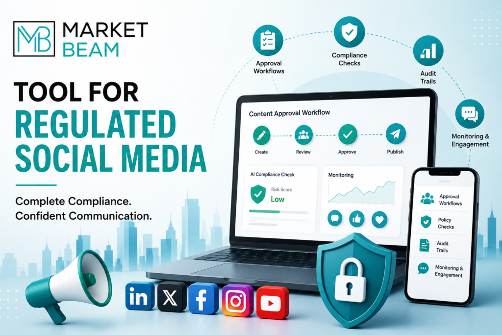Tool for regulated social media with compliance checks, approval workflows, monitoring, audit trails, and MarketBeam branding