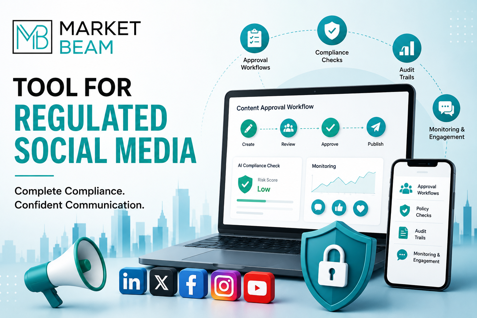 Tool for regulated social media with compliance checks, approval workflows, monitoring, audit trails, and MarketBeam branding