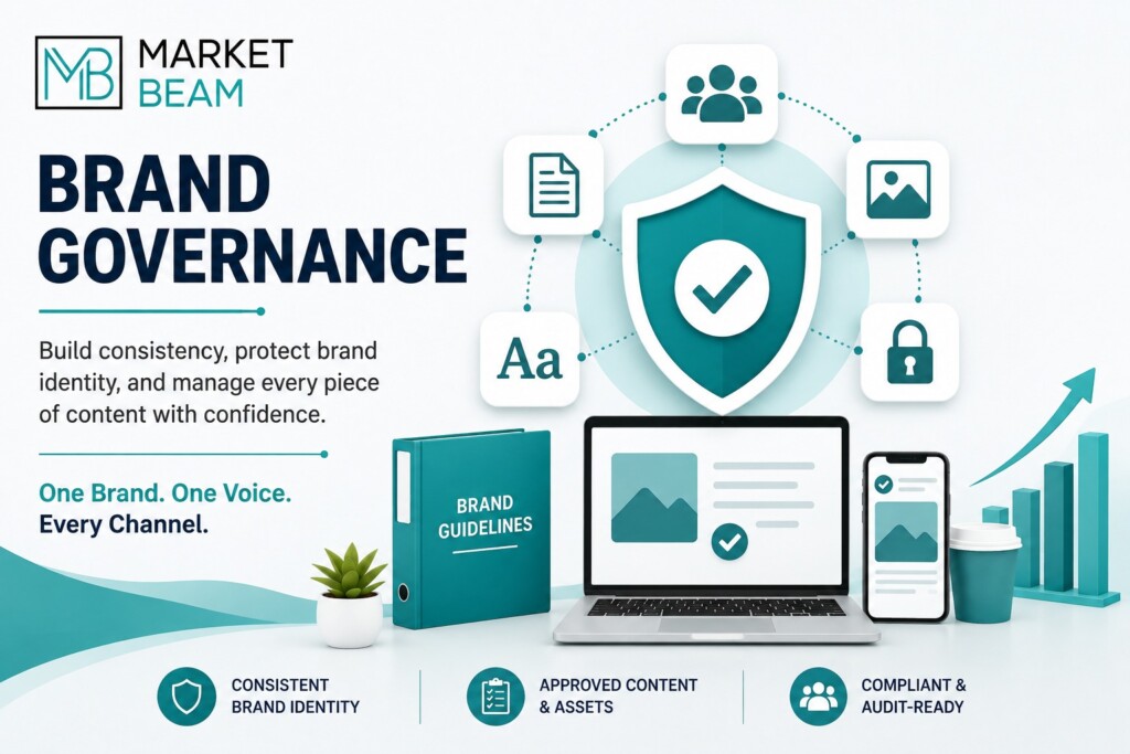 Brand Governance for Enterprise Social Media Teams feature image with the MarketBeam logo, brand protection shield, approved content assets, brand guidelines, and enterprise governance workflow.