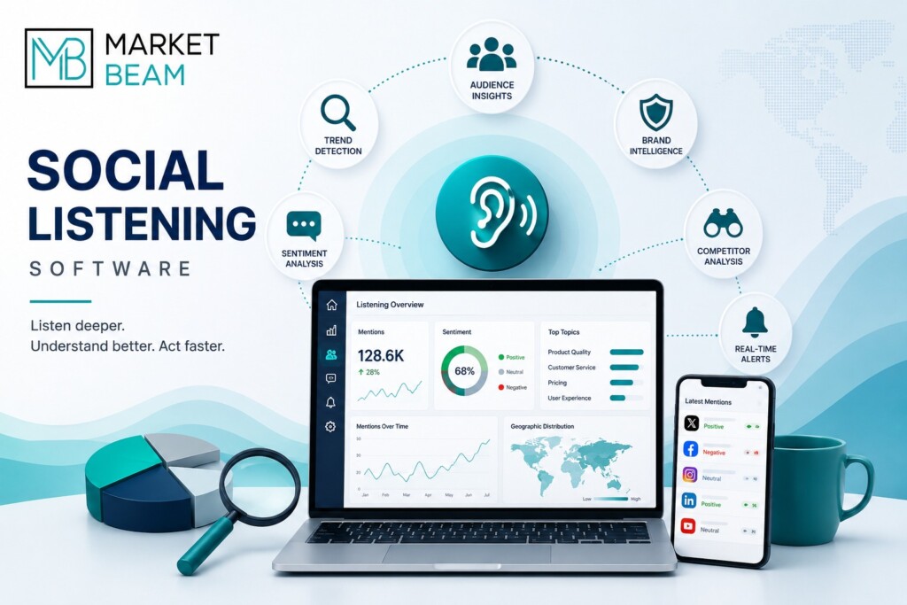 Social listening software feature image with MarketBeam logo, analytics dashboard, audience insights, sentiment analysis, trend detection, brand intelligence, and competitor analysis.