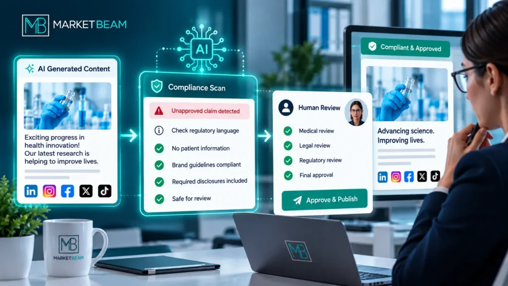 MarketBeam AI-powered pharma content compliance workflow showing AI content generation, compliance scanning, human review, and approved publishing