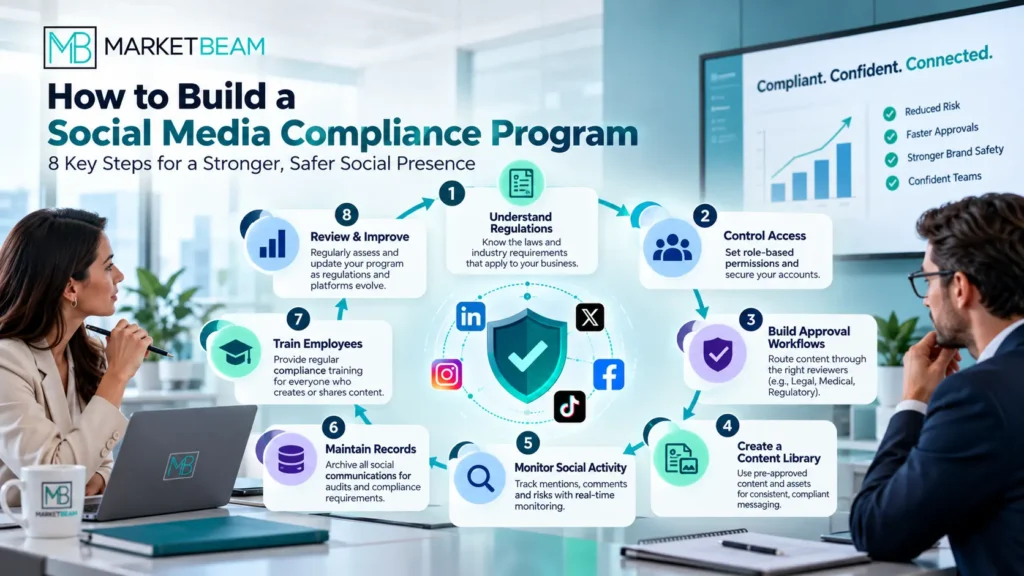 MarketBeam social media compliance program showing eight steps for regulatory understanding, access control, approval workflows, content management, monitoring, recordkeeping, employee training, and review