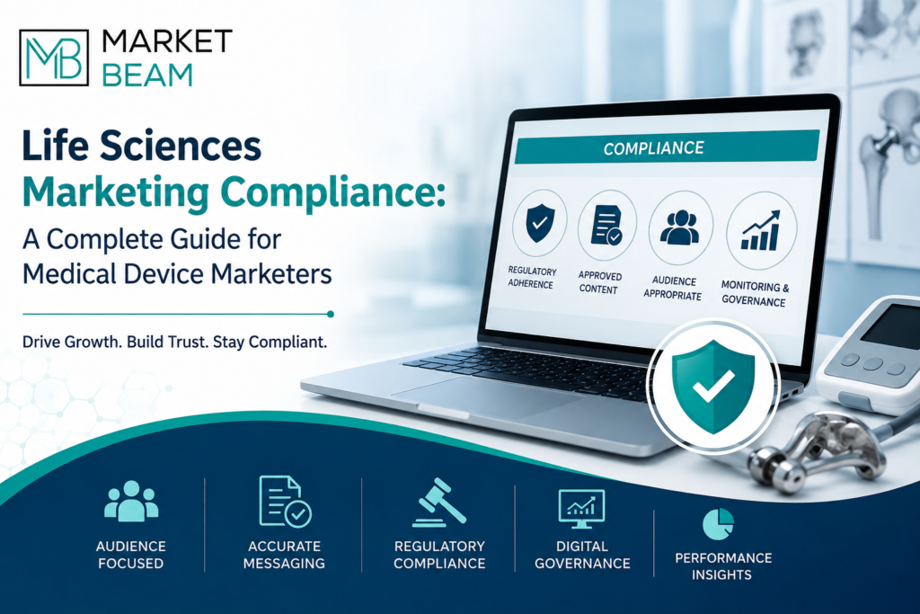 Life sciences marketing compliance banner for medical device marketers featuring the MarketBeam logo, compliance dashboard, medical devices, and regulatory governance concepts.