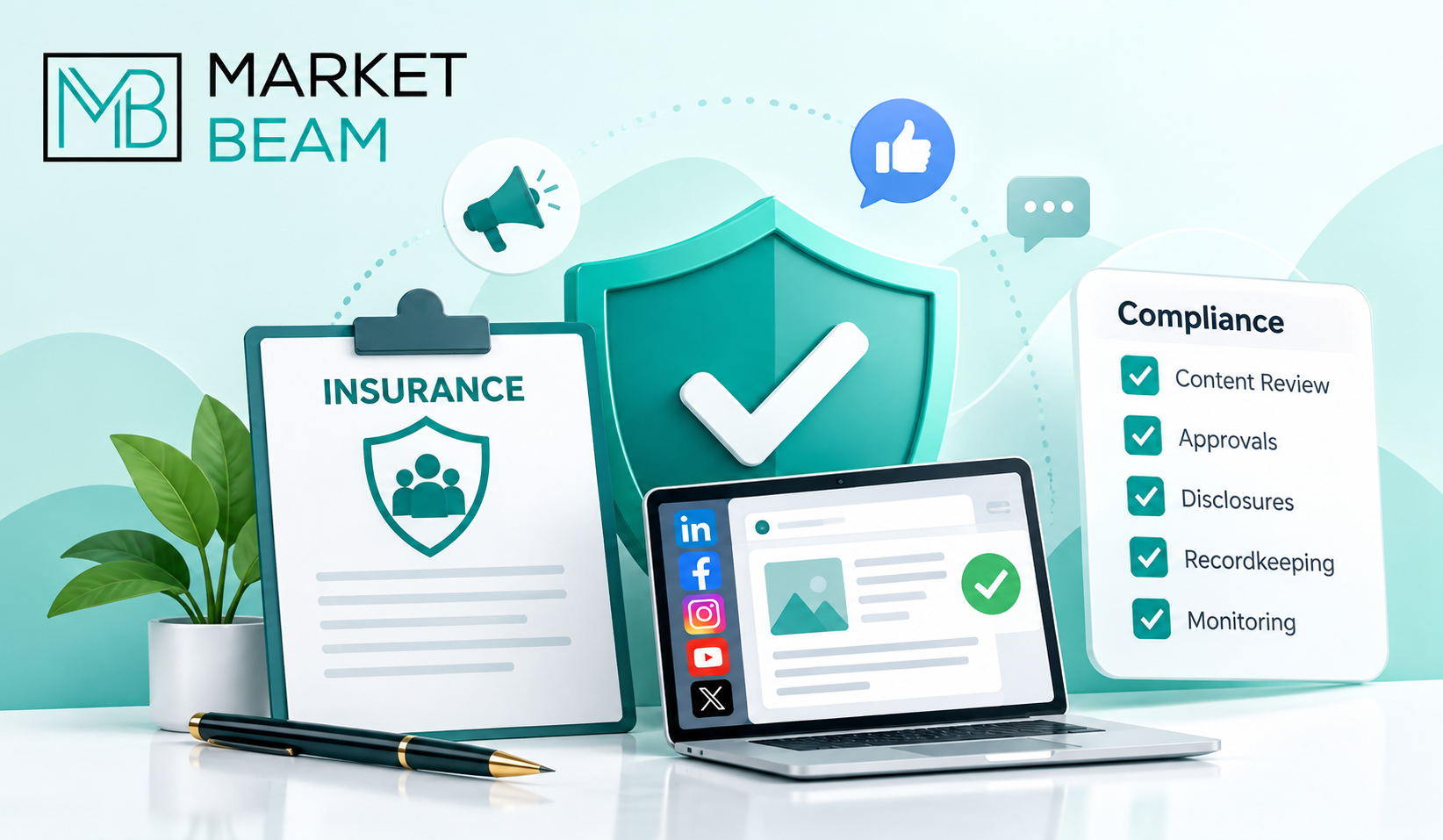 Insurance social media compliance guide with MarketBeam logo, shield, checklist, and social media laptop.