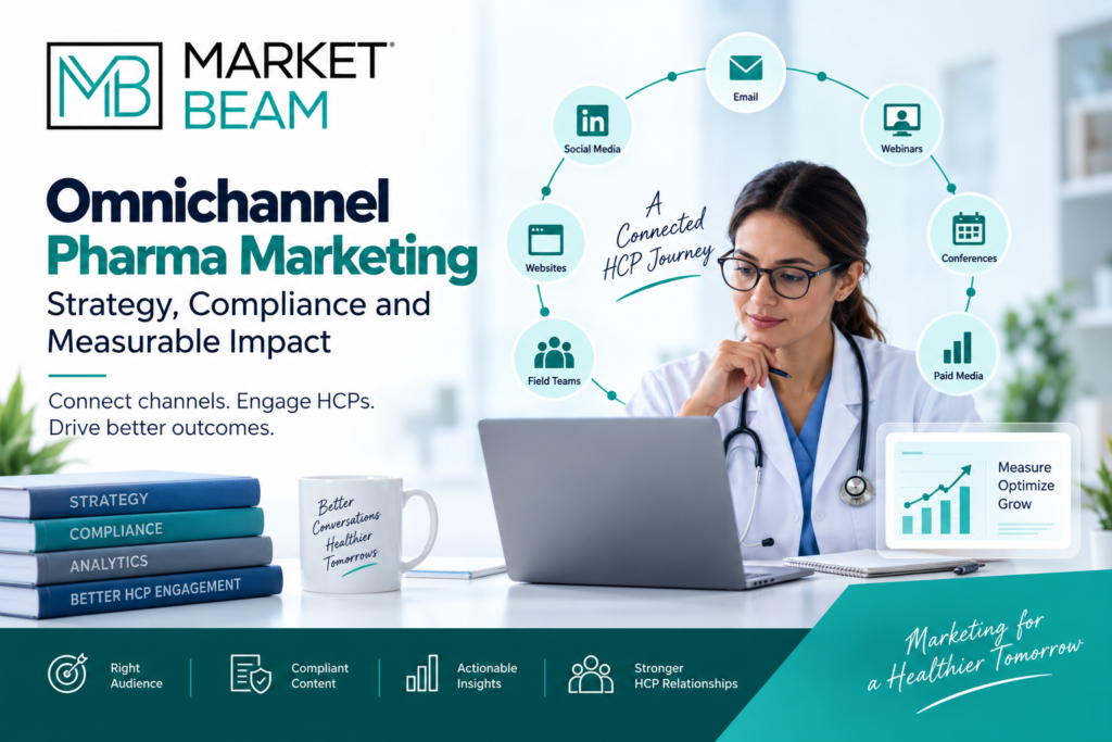 Omnichannel pharma marketing strategy showing connected HCP channels, compliance, analytics, and measurable engagement