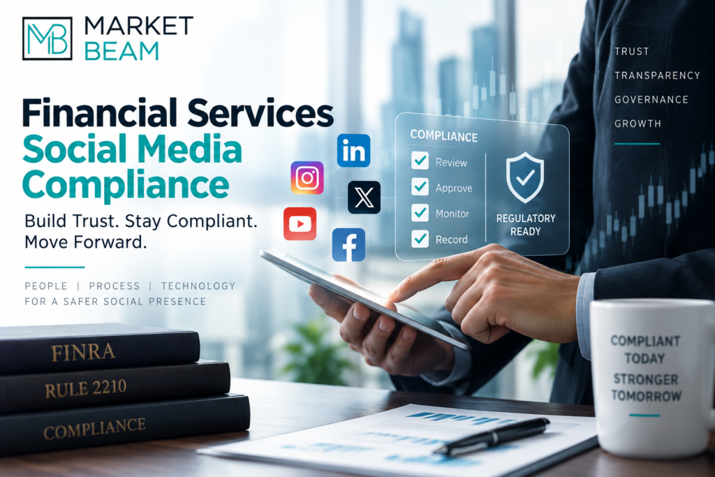 MarketBeam financial services social media compliance banner featuring regulatory compliance, social media platforms, review, approval, monitoring, and recordkeeping.