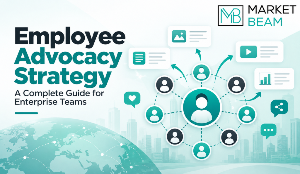 Employee advocacy strategy guide for enterprise teams with employee network and content-sharing illustration
