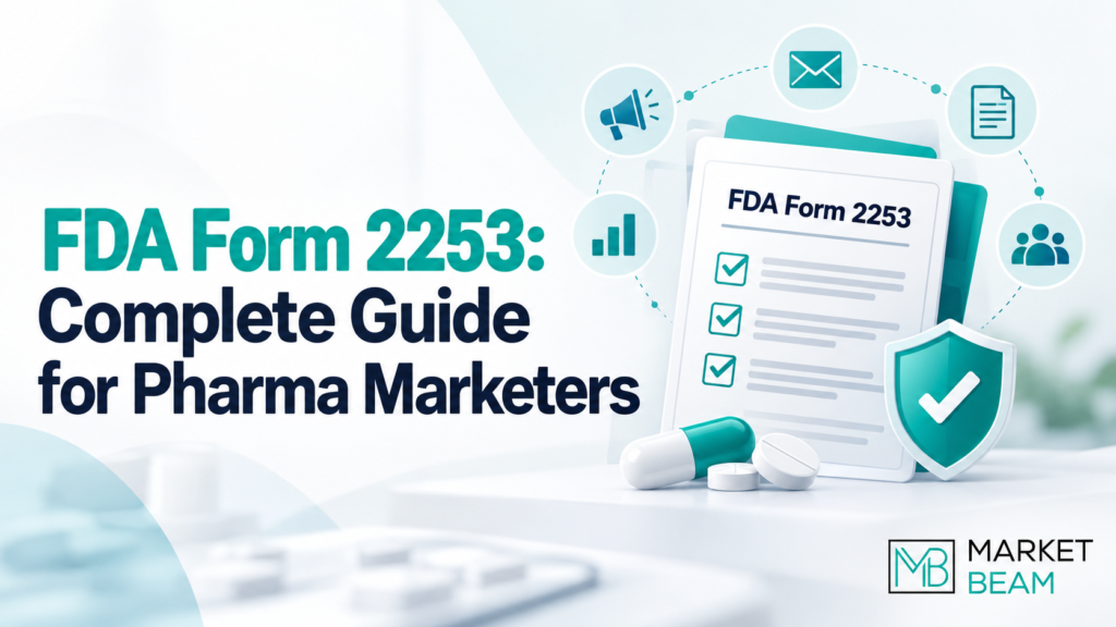 FDA Form 2253 compliance checklist with pharmaceutical promotional materials and MarketBeam logo