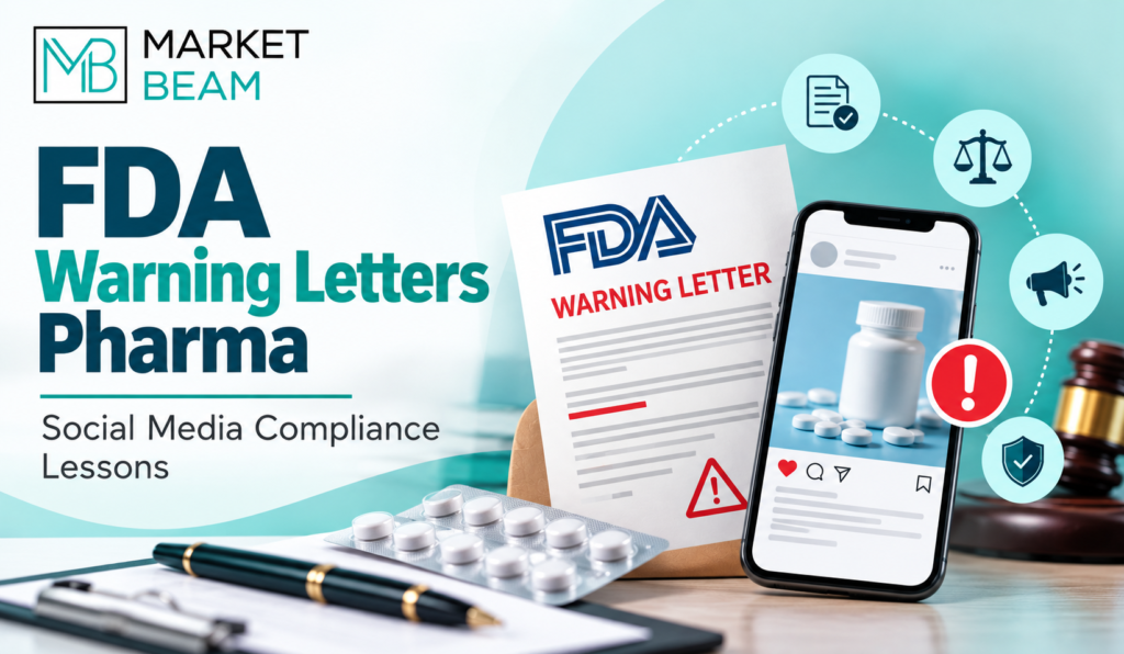 FDA warning letters pharma social media compliance lessons feature image with MarketBeam logo