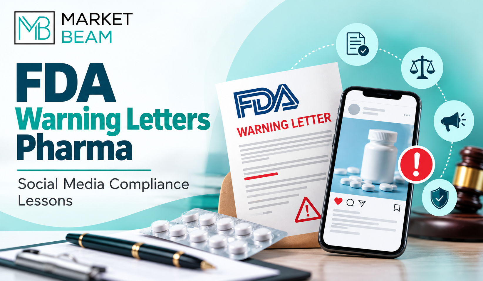 FDA warning letters pharma social media compliance lessons feature image with MarketBeam logo