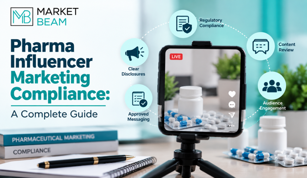 Pharma influencer marketing compliance guide featuring MarketBeam branding, social media smartphone, pharmaceutical products, and regulatory compliance icons.