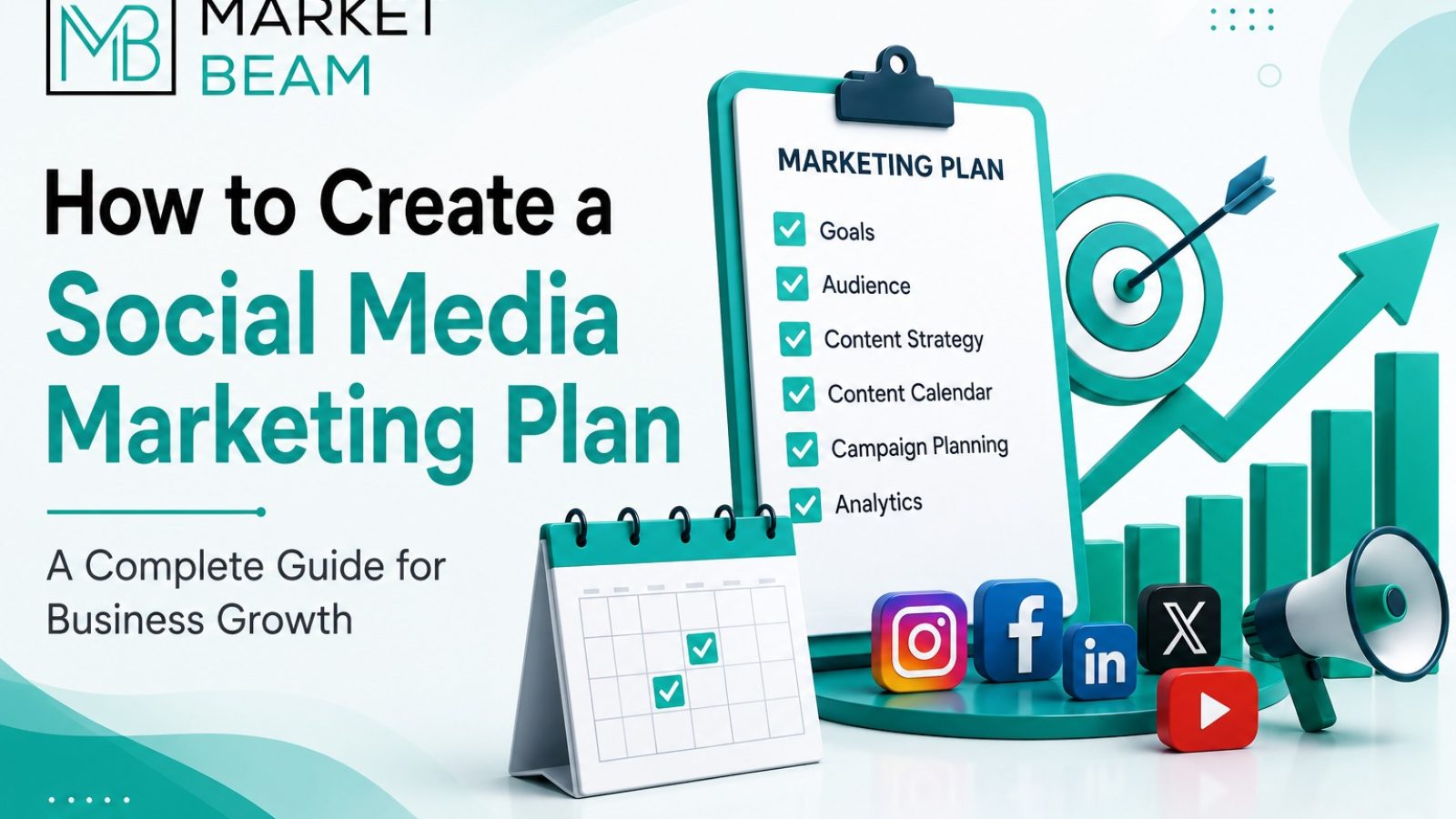 How to Create a Social Media Marketing Plan feature image with MarketBeam logo, marketing strategy checklist, social media icons, content calendar, analytics, and business growth illustration.