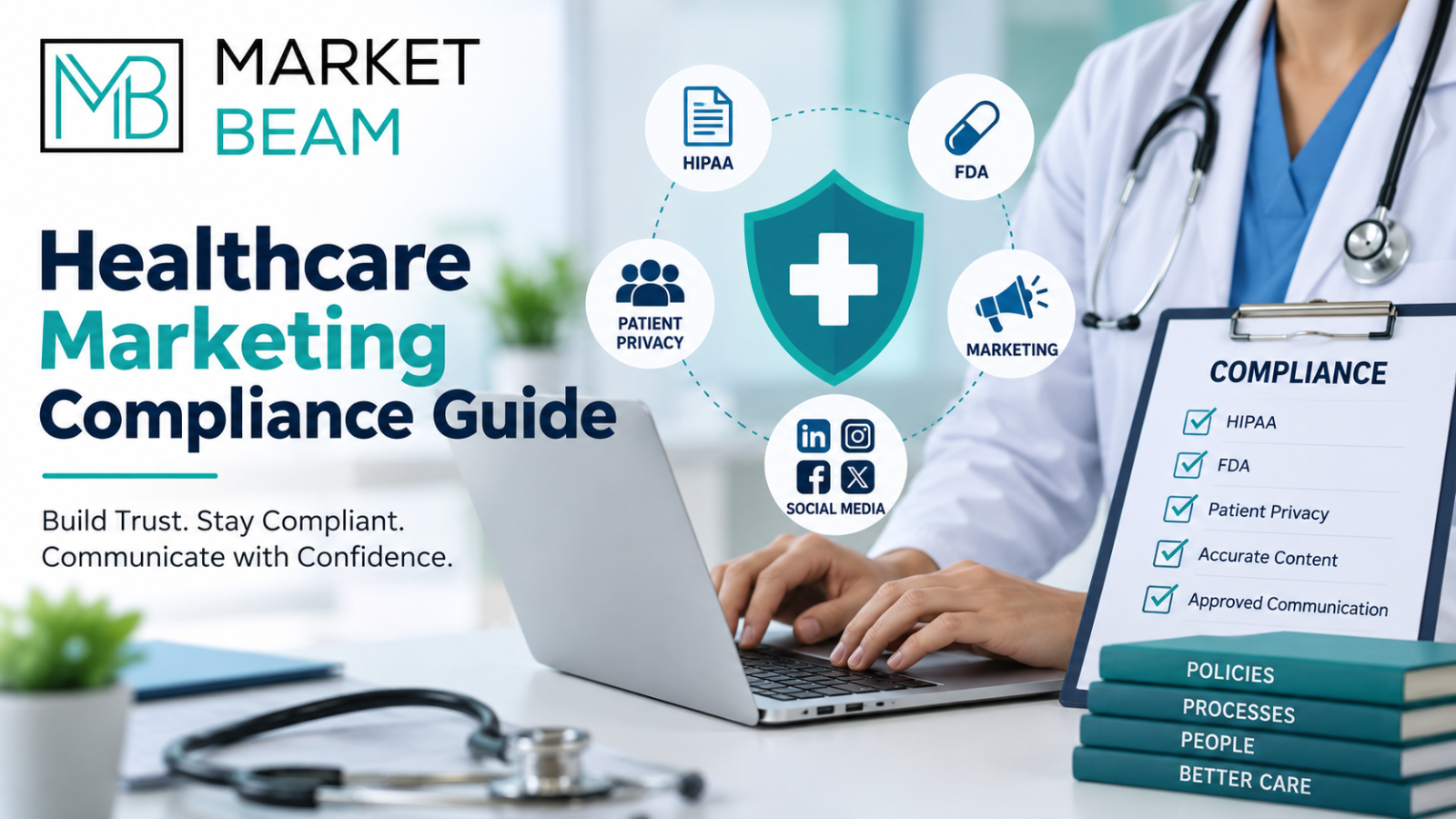 Healthcare marketing compliance guide featuring HIPAA, FDA, patient privacy, and social media compliance.