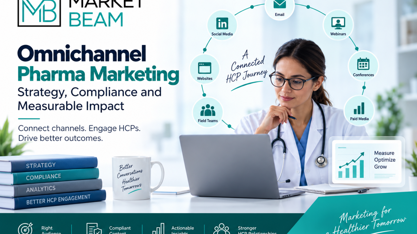 Omnichannel pharma marketing strategy showing connected HCP channels, compliance, analytics, and measurable engagement