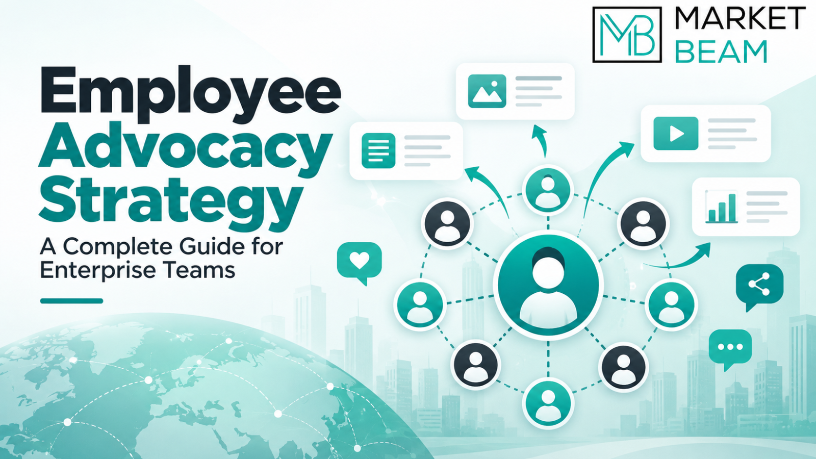 Employee advocacy strategy guide for enterprise teams with employee network and content-sharing illustration