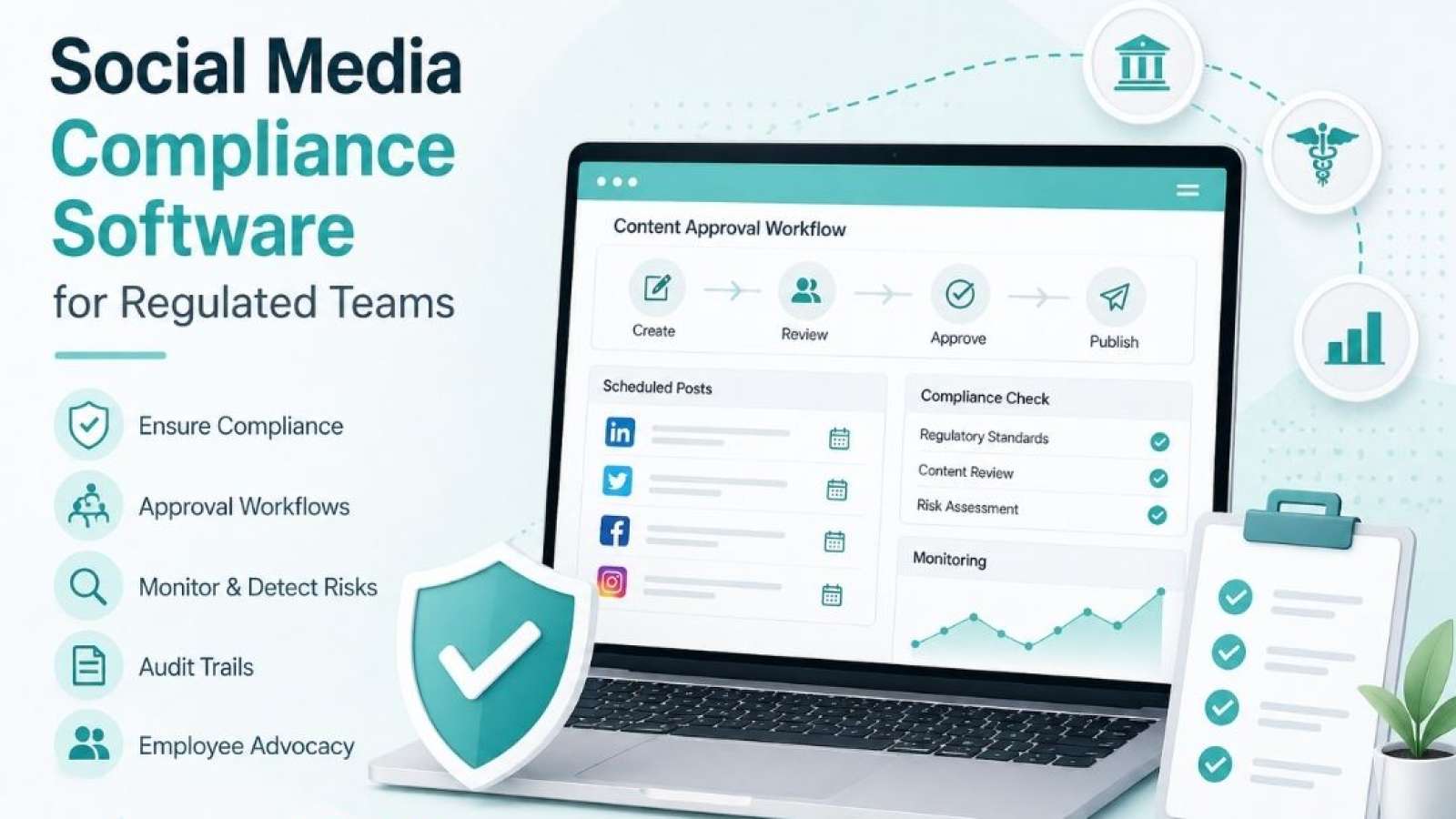 Social media compliance software dashboard showing approval workflow and audit tracking for regulated teams