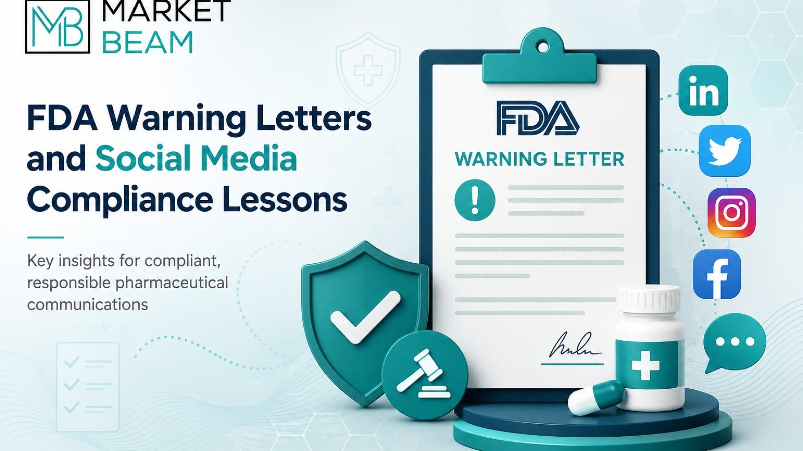 MarketBeam feature image for Pharma Influencer Marketing Compliance Guide showing healthcare social media compliance, influencer disclosure, MLR review, paid partnership, and governance workflow.